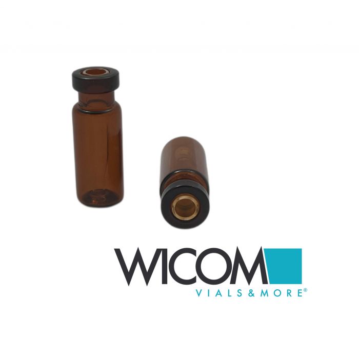 WICOM 11mm crimp vials, brown, 2ml with inserted inserts (300ul) attached to via...