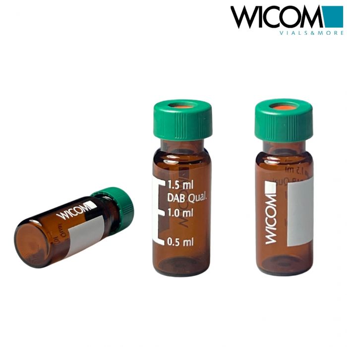 WICOM 2ml screw vial with caps, includes 9mm screw vial in amber glass and pre s...