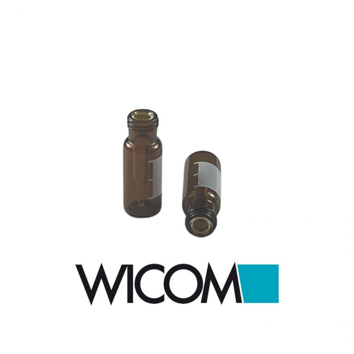 WICOM screw vials, 12x32mm, amber glass, 9mm short thread, with marking patch, w...