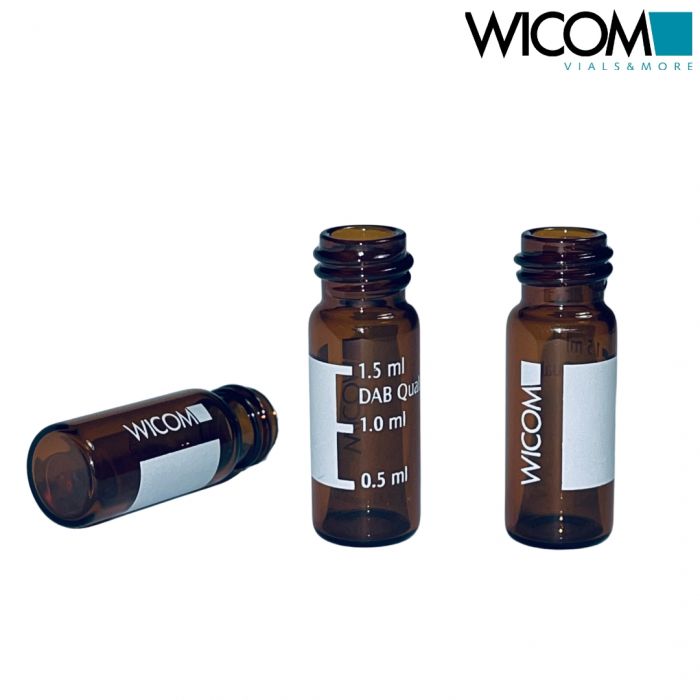 WICOM 10mm screw vial, 1.5ml, amber glass, 12x32mm, with write-on patch and scal...