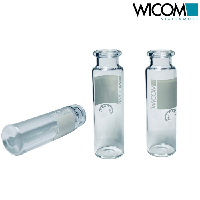 WICOM Crimp vial, 20ml, 20mm beveled crimp neck, clear glass, with write-on patc...
