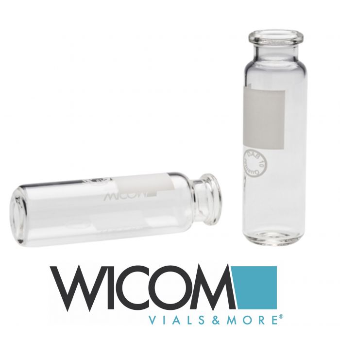 WICOM Crimp vial, 20ml, 20mm beveled crimp neck, c;ear glass, with write-on patc...