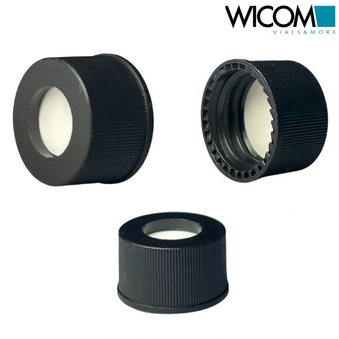 WICOM screw cap, 13mm, black, with Silicone/PTFE septum, tan/white, 1000/PK