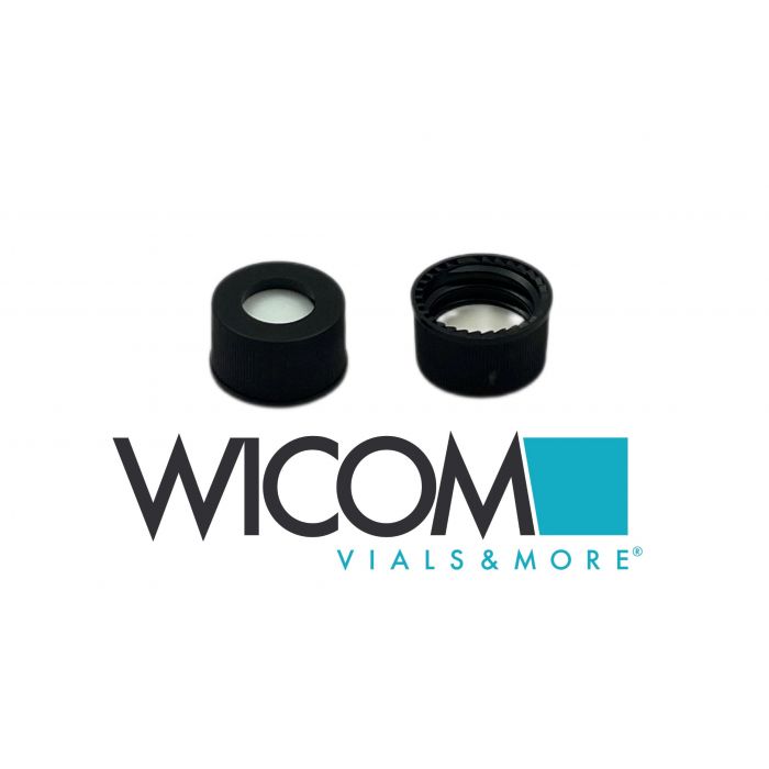WICOM screw cap, 13mm, black, with Silicone/PTFE septum, tan/white, 1000/PK