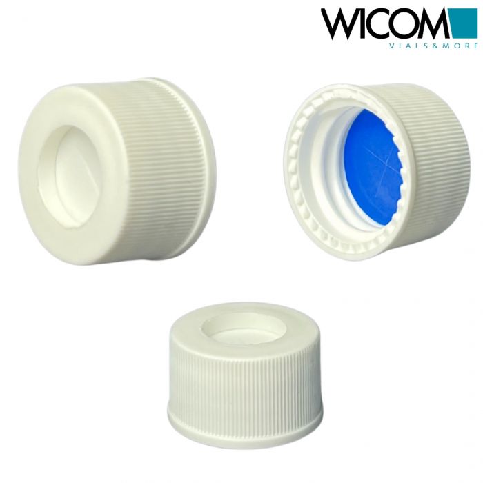 WICOM screw cap, 13mm, white, with Silicone/PTFE septum, cross slitted, blue/whi...