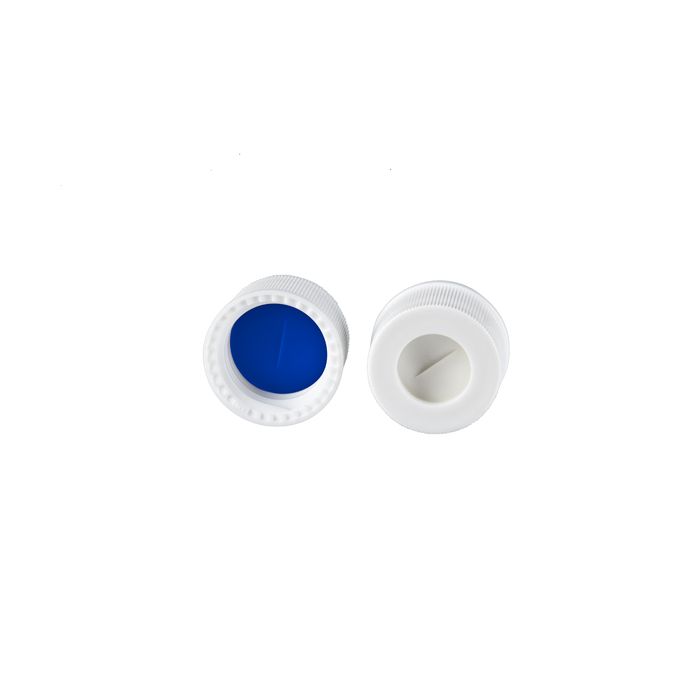 WICOM screw cap, 13mm, white, with Silicone/PTFE septum, cross slitted, blue/whi...