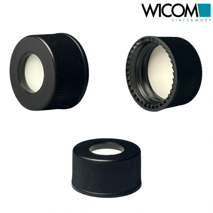 WICOM screw cap, 15mm, black, with Silicone/PTFE septum, (tan/white)