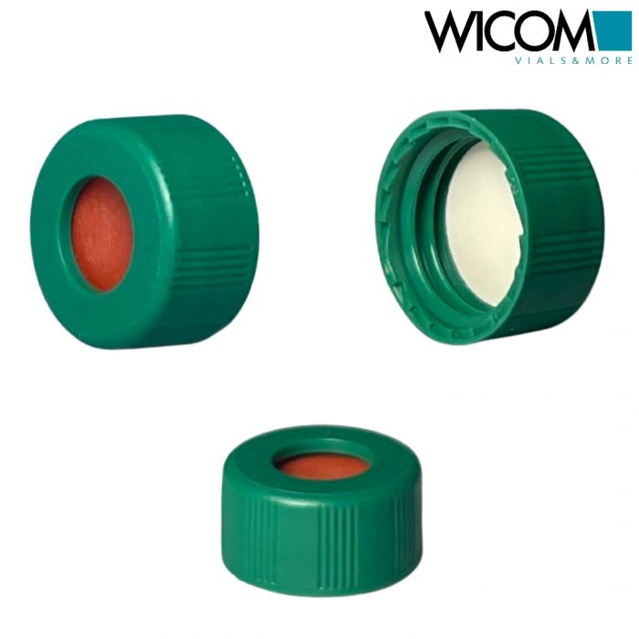 WICOM screw cap, 9mm, green, with Butyl/PTFE septum