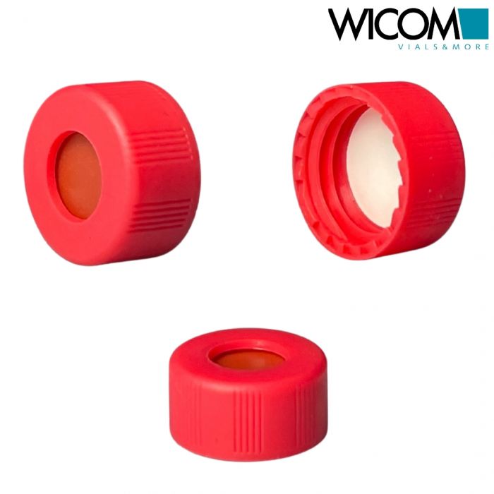 WICOM screw cap, 9mm, red, with Butyl/PTFE septum