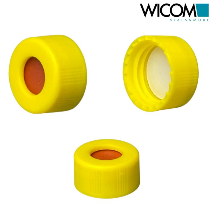 WICOM screw cap, 9mm, yellow, with Butyl/PTFE septum