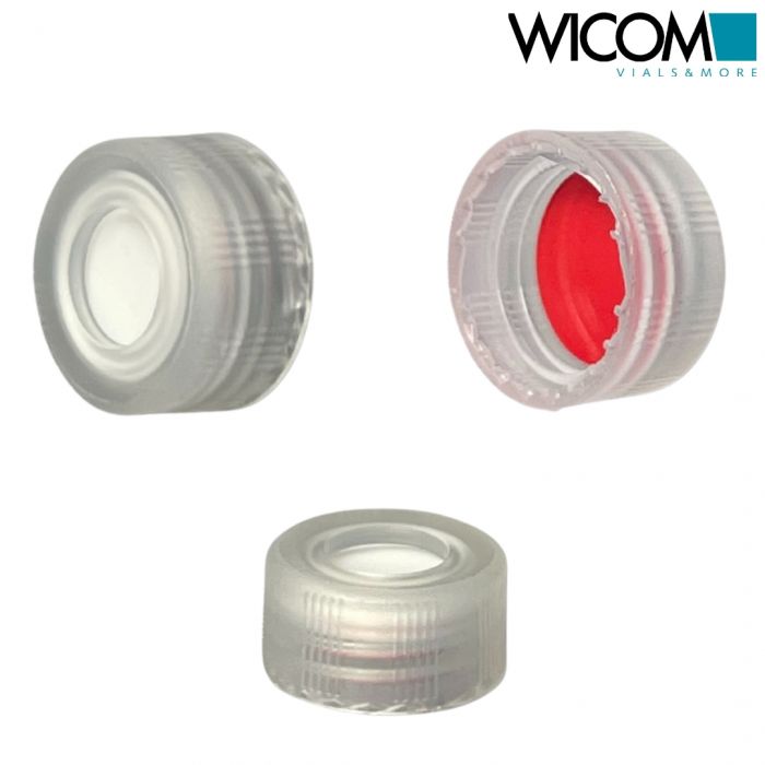 WICOM 9mm Schraubkappen fuer 9mm Kurzgewindeflaschen, klar, mit Silikon/PTFE Sep...