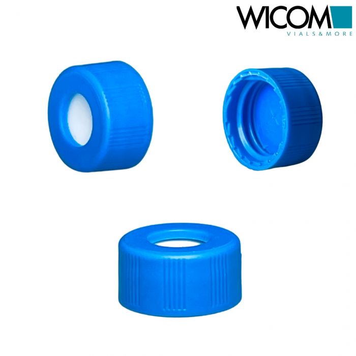 WICOM 9mm Schraubkappen für 9mm Kurzgewindeflaschen, blau mit Silikon(beige)/PTF...