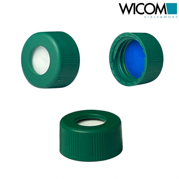 WICOM screw cap, 9mm, green, with slitted Silicone/PTFE septum, blue/white