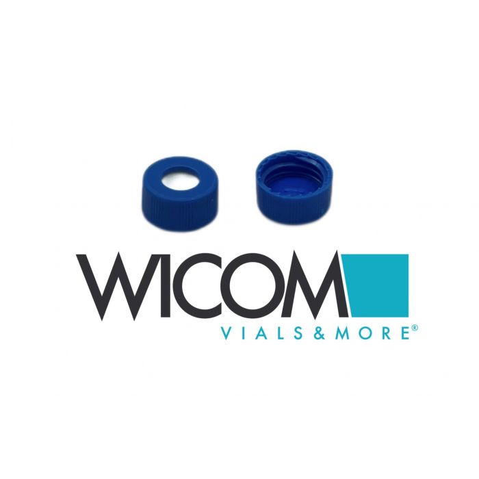 WICOM 9mmm Screw cap, blue with Silicone/PTFE septum,  pre-slitted, blue/white