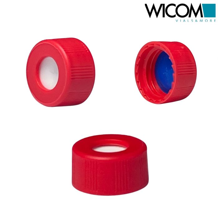 WICOM screw cap, 9mm, red, with slitted Silicone/PTFE septum, blue/white