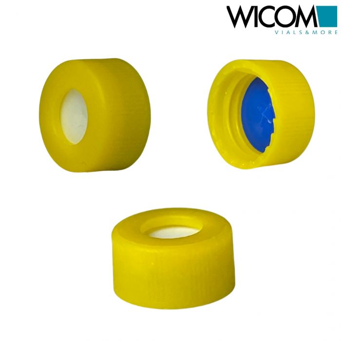 WICOM screw cap, 9mm, yellow, with slitted Silicone/PTFE septum, blue/white