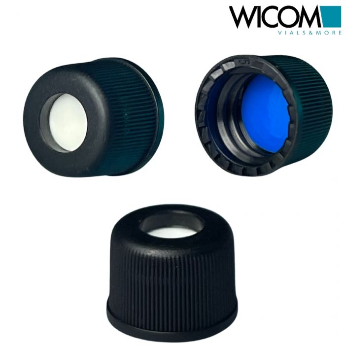 WICOM screw cap, 8mm, black, with cross slitted Silicone/PTFE septum, 1000/PK