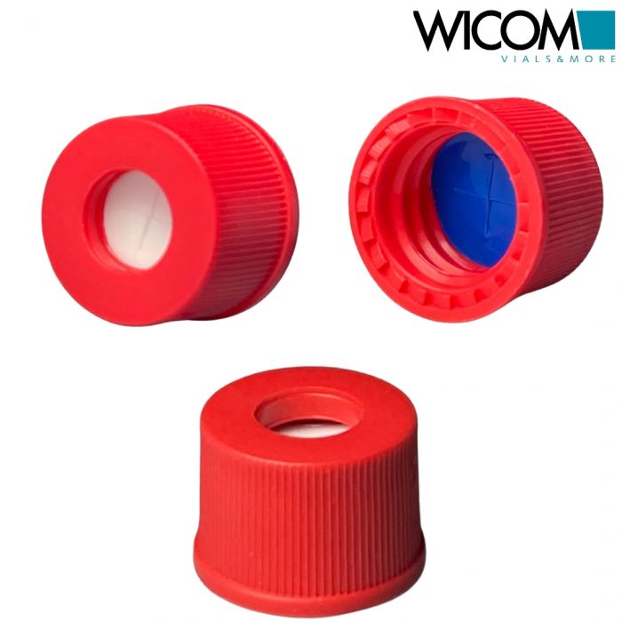 WICOM screw cap, 8mm, red, with cross slitted PTFE/Silicone septum, 1000/PK