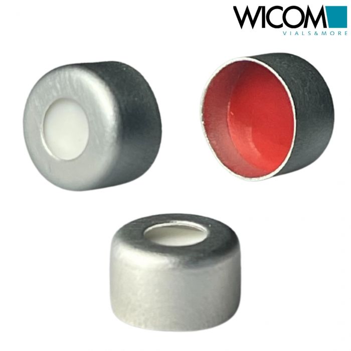 WICOM crimp cap, 8mm, aluminium with Silicone/PTFE septum, 1.3mm thick, 1000/PK