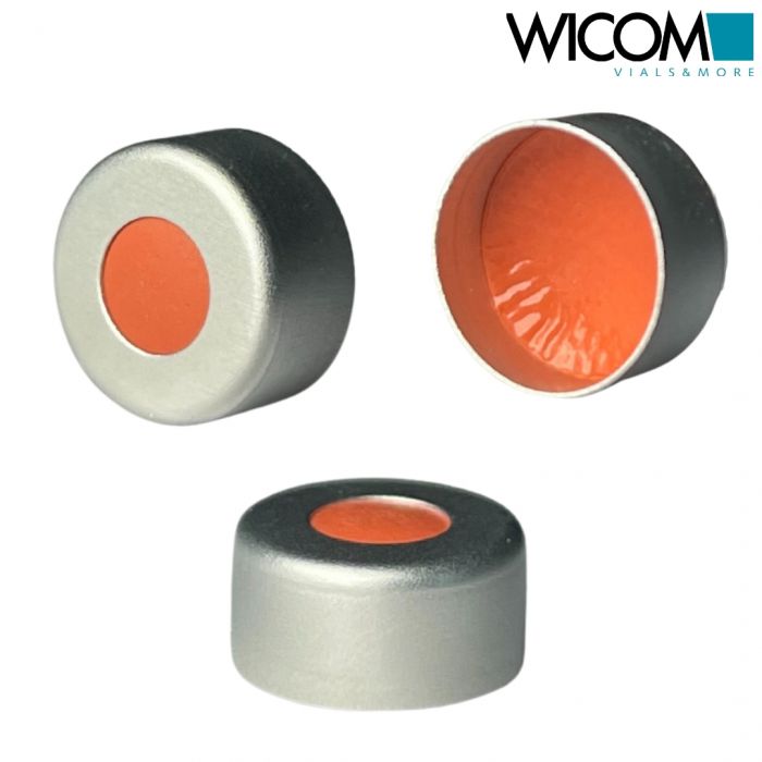 WICOM 11mm crimp cap, silver aluminium with PTFE/Buthyl septum (PTFE/red rubber)...