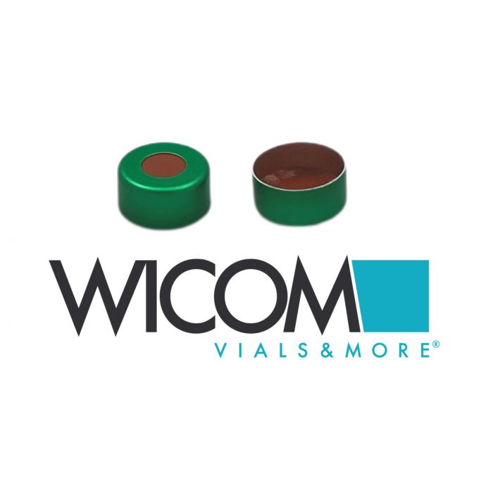 WICOM 11mm Aluminium crimp Caps (green) with sptum of buthyl/PTFE (orange).
