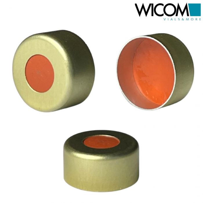 WICOM 11mm Aluminium crimp Caps (gelb) with septum of buthyl/PTFE (orange).