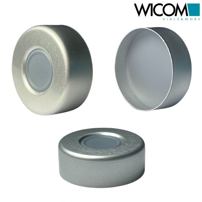WICOM 20mm Alu crimp caps with buthyl/PTFE septum, hole 10mm