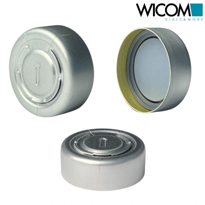 WICOM 20mm Alu crimp cap, farblos lackiert, total tear-off, with Butyl/PTFE 3.0m...