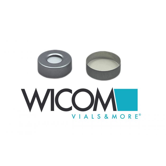 WICOM Crimp cap, 20mm, Aluminium with Silicone/PTFE septum, 1.5mm Tan/White.