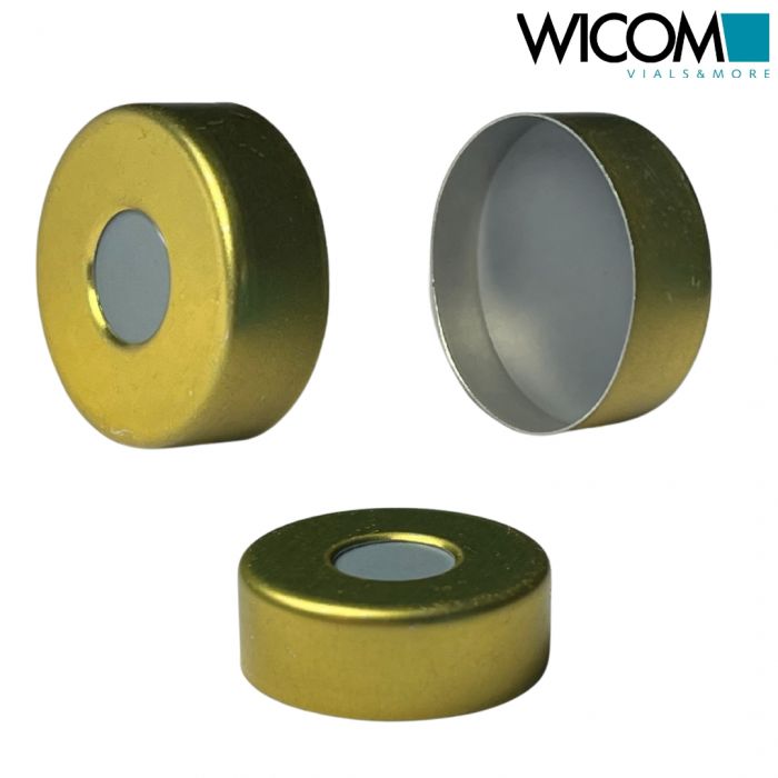 WICOM 20mm crimp cap, gold, magnetic with 8mm hole with PTFE/buthyl septum