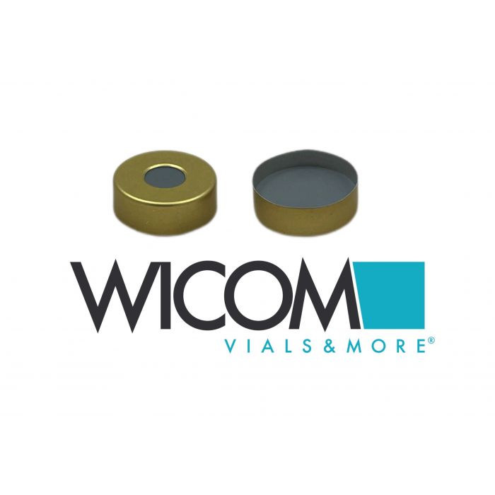 WICOM 20mm crimp cap, gold, magnetic with 8mm hole with PTFE/buthyl septum
