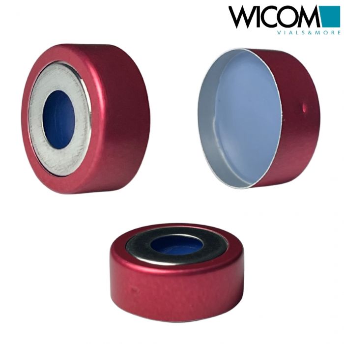 WICOM 20mm Aluminium crimp cap, red, with magnetic disk with blue Silicone/PTFE ...