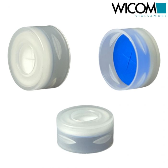WICOM Snap cap, 11mm, clear, PP, with Silicone/PTFE septum, cross slitted (blue/...