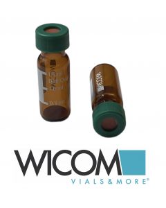 WICOM 2ml screw vial with 9mm thread, brown glass, pre sealed with green caps wi...